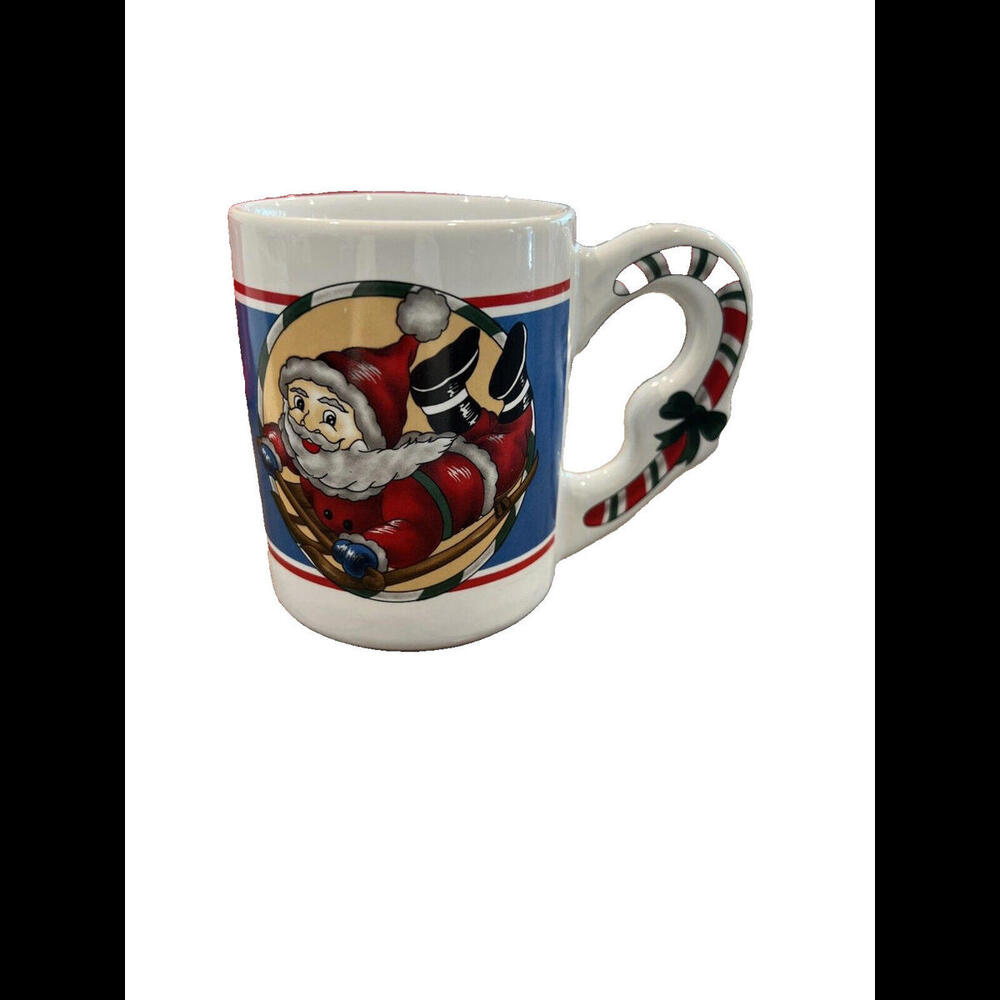 Vintage Santa Claus On A Sled Coffee Mug With Candy Cane On Handle Christmas